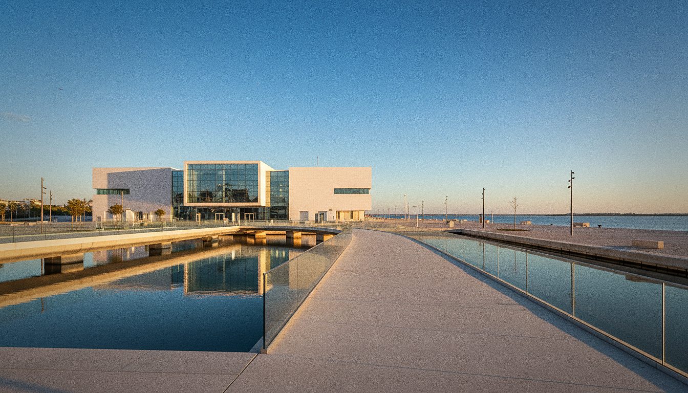 Entrée et passerelle d'accès à l'Aquarium de Lisbonne au bord de l'eau dans le Parque das Nações
