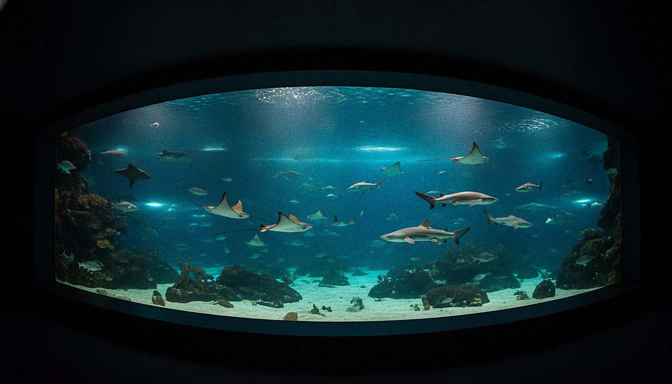 Visiteurs devant le bassin central de l'Aquarium de Lisbonne au niveau des raies et des requins